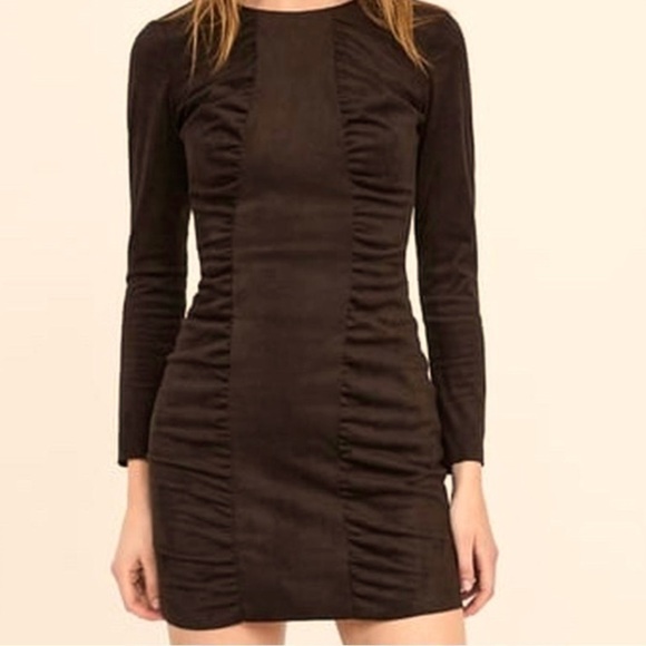ZARA Basic Brown Ruched Faux Suede Bodycon Dress Size Medium - Picture 1 of 8